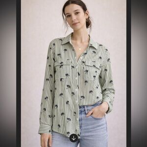 New York & Company Button Down White Green Stripe Palm Tree Blouse Shirt Size XS